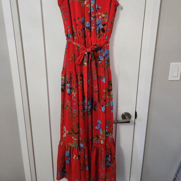 Calvin Klein Red Floral Dress Pleated Skirt - Picture 2 of 6